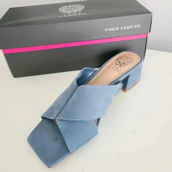 Vince Camuto 7.5 Seedanta Block Heel Nubuck Leather Mule Low Sandal Blue Haze - Picture 3 of 7